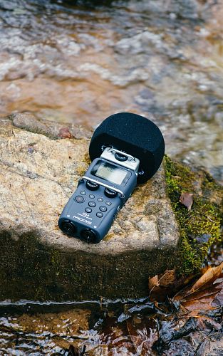 black digital wireless microphone on mossy rock